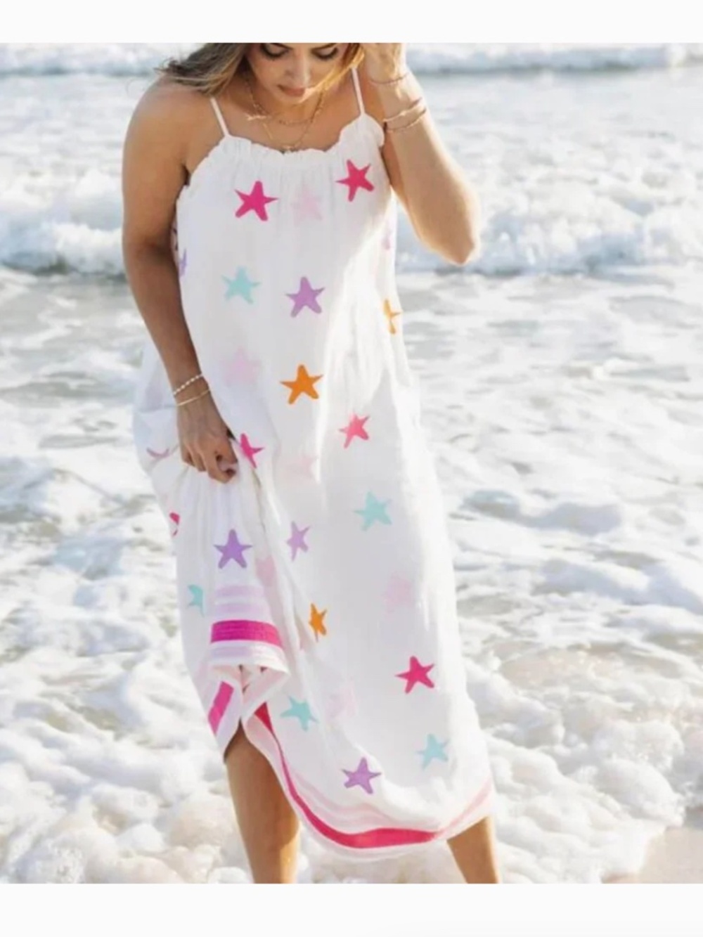 J. Marie White Dress with Pink, Light Pink, Purple and Teal Star Embroidery